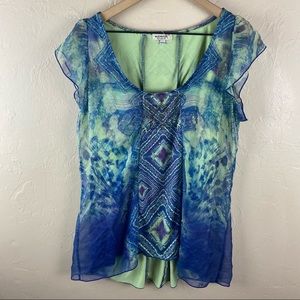 One World Blue Green Flutter Sleeve Top Embellished Medium